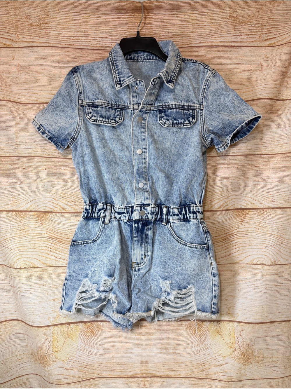 Collar Short Sleeve Denim Distressed Romper Daisy Duke Pants Size Small